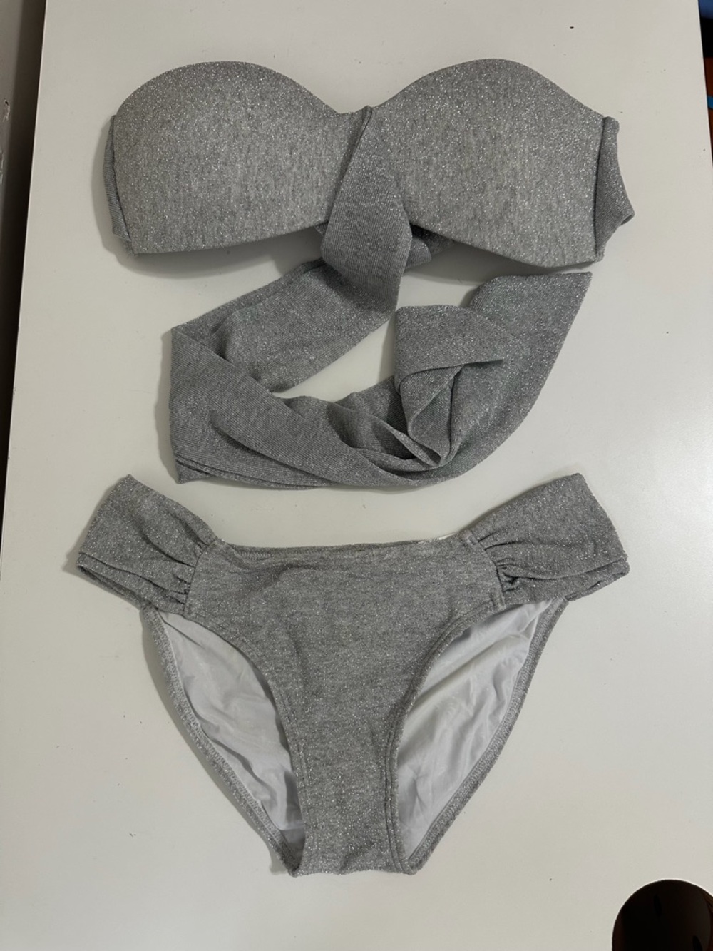 Água de Coco Silver Sparkle Strapless Padded Bikini Set Women’s Size Large